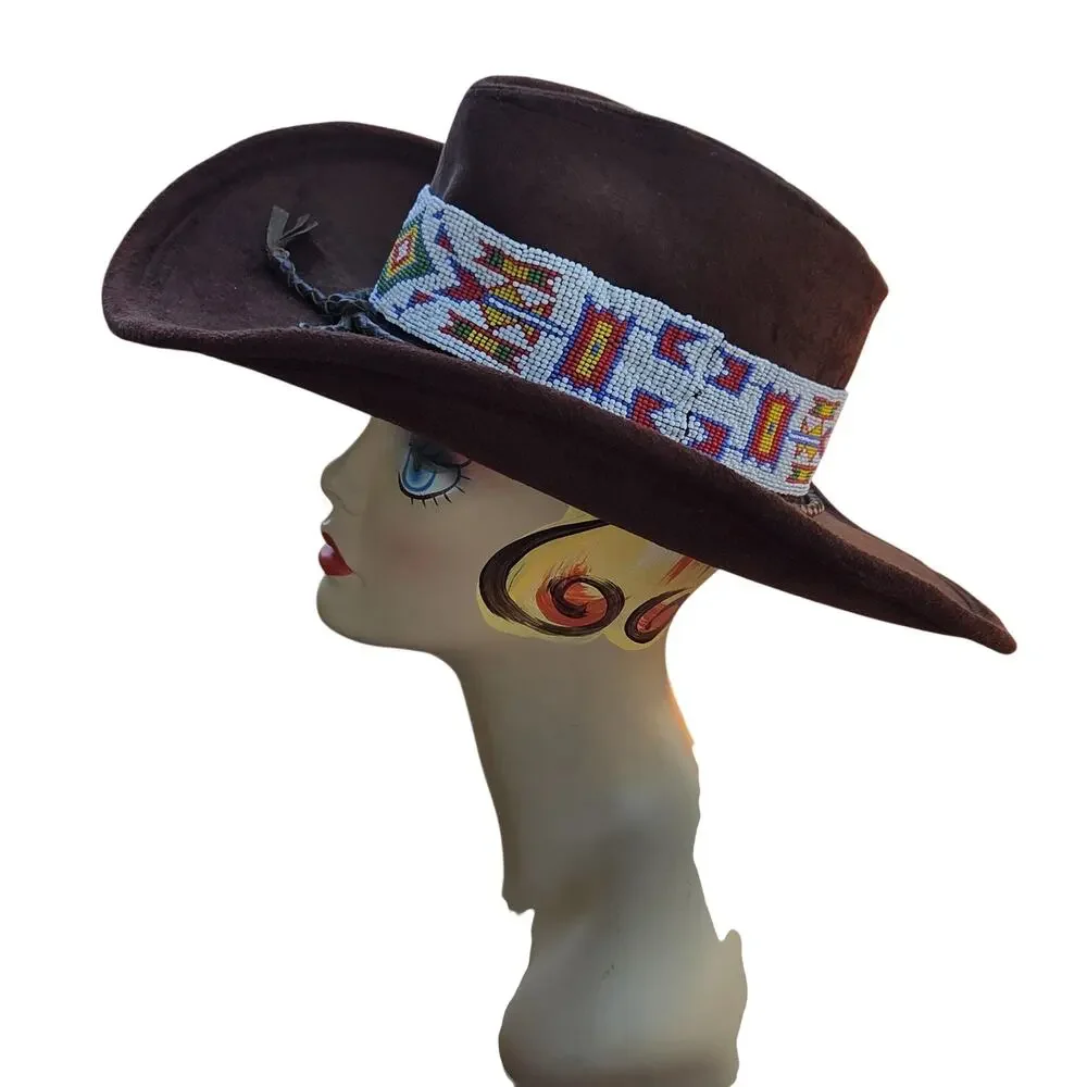 Vtg Brown Velour Cowboy Hat Southwestern Beaded Band Festival Western Boho